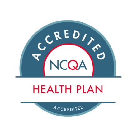 A circular blue and white badge with Accredited NCQA Health Plan written in red and white text. The word Accredited appears at the top and bottom of the circular border.
