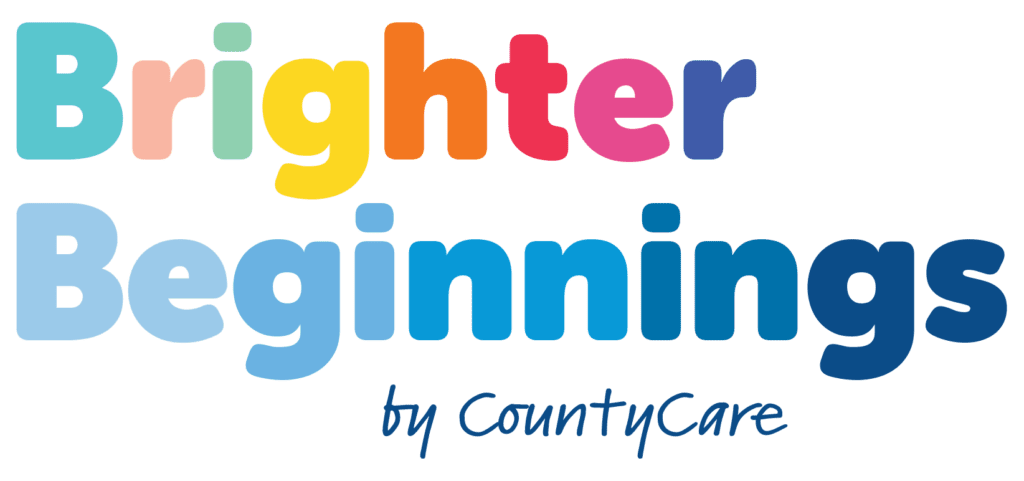 Text logo reading Brighter Beginnings in colorful gradient letters, with by CountyCare in blue cursive script underneath.
